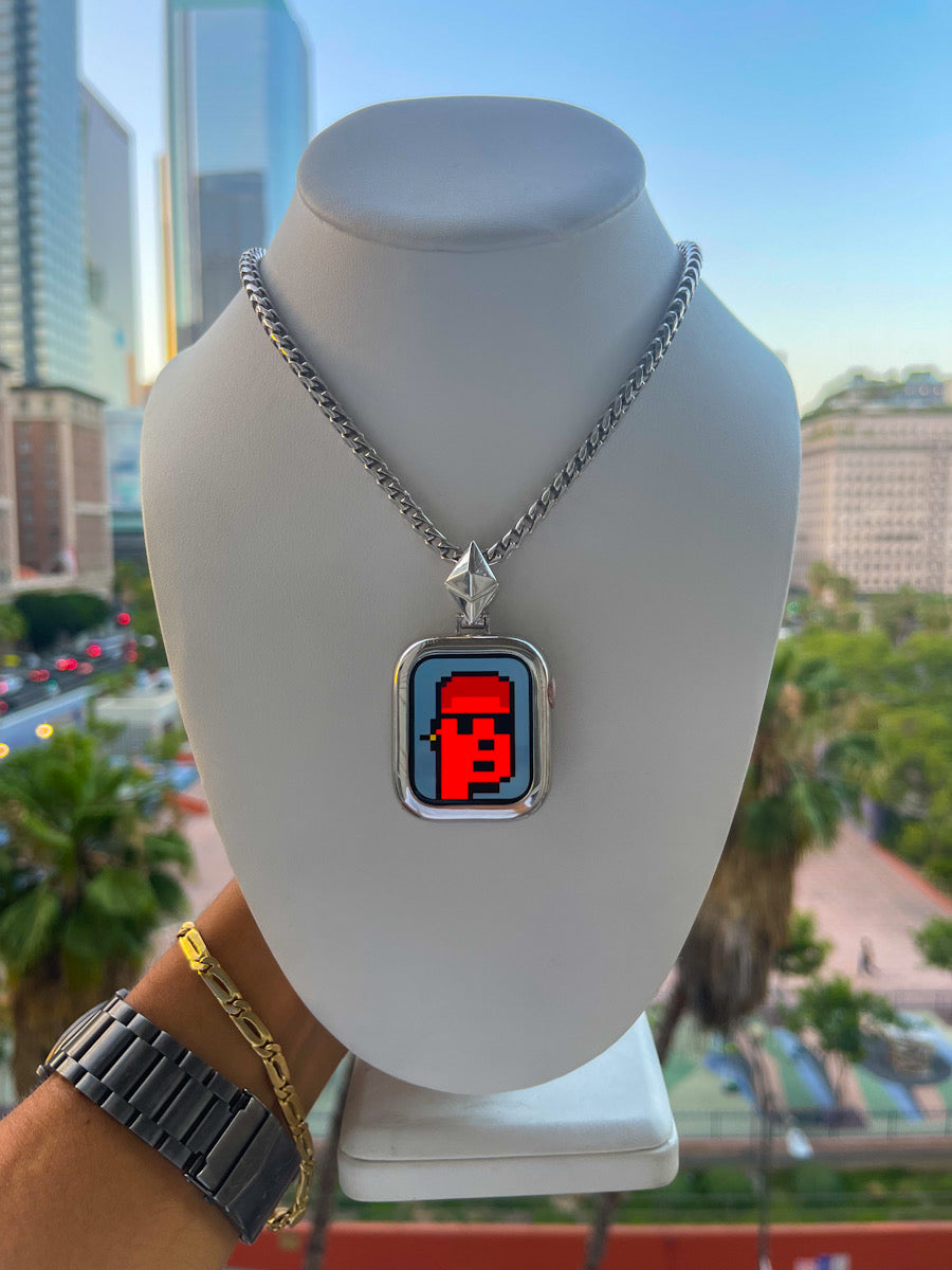 .925 sterling silver Apple Watch pendant necklace on a display bust in downtown Los Angeles